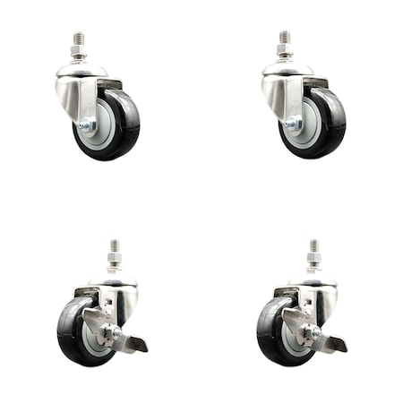 Service Caster 3.5 Inch 316SS Black Polyurethane Swivel 10mm Stem Caster Brake SCC, 2PK SS316TS20S3514-PPUB-BLK-M1015-2-TLB2